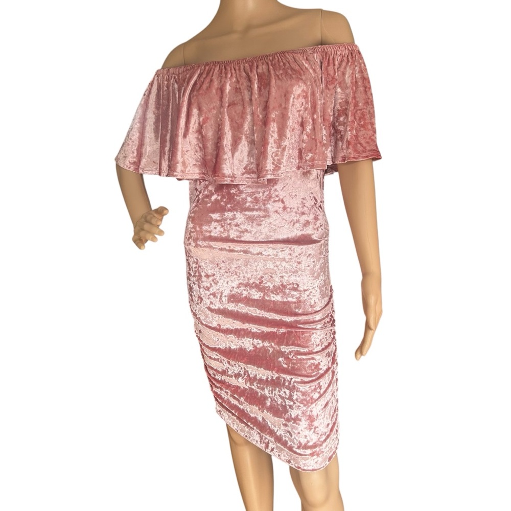 Venus Pink Crushed Velvet Off Shoulder Ruched Bodycon Dress Size Small